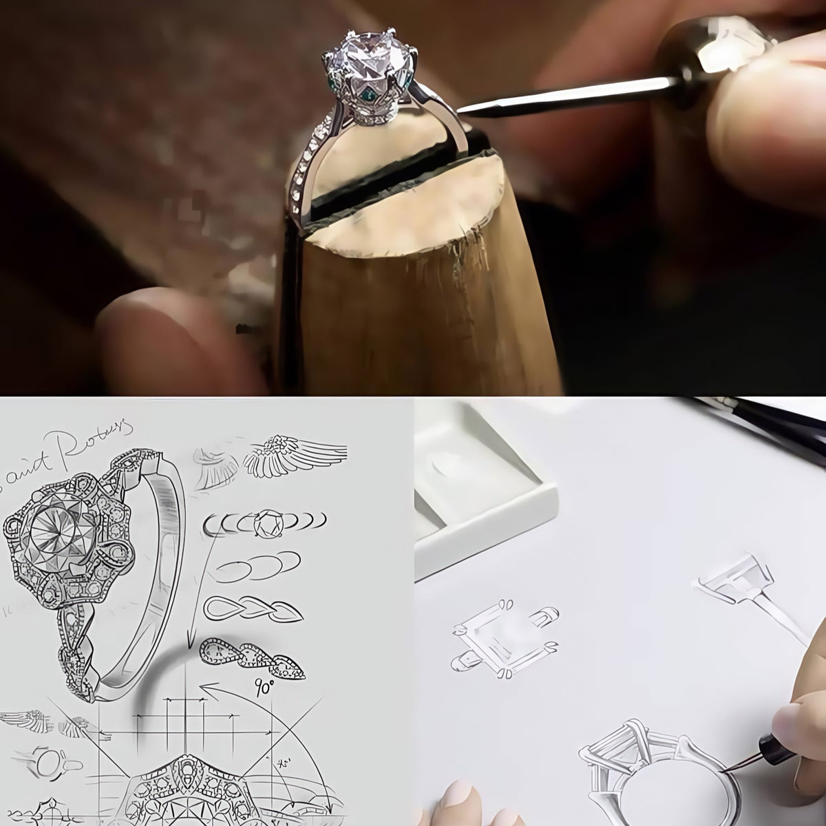 Jewelry design drawings and a craftsperson refining a ring.