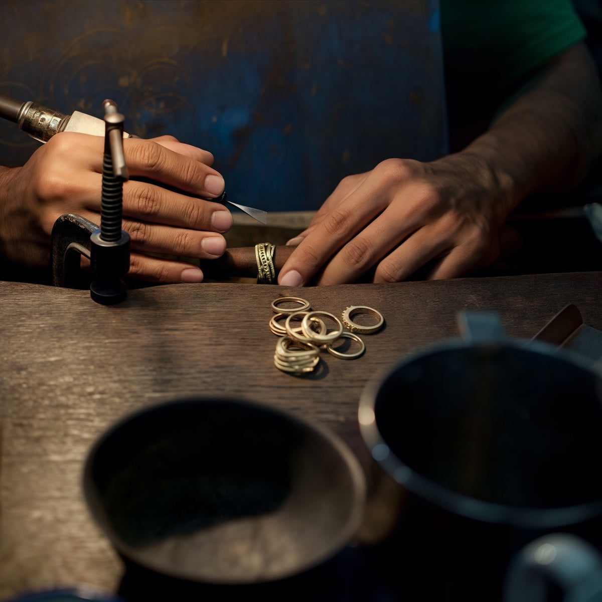 A jeweler refining a ring at the workbench.