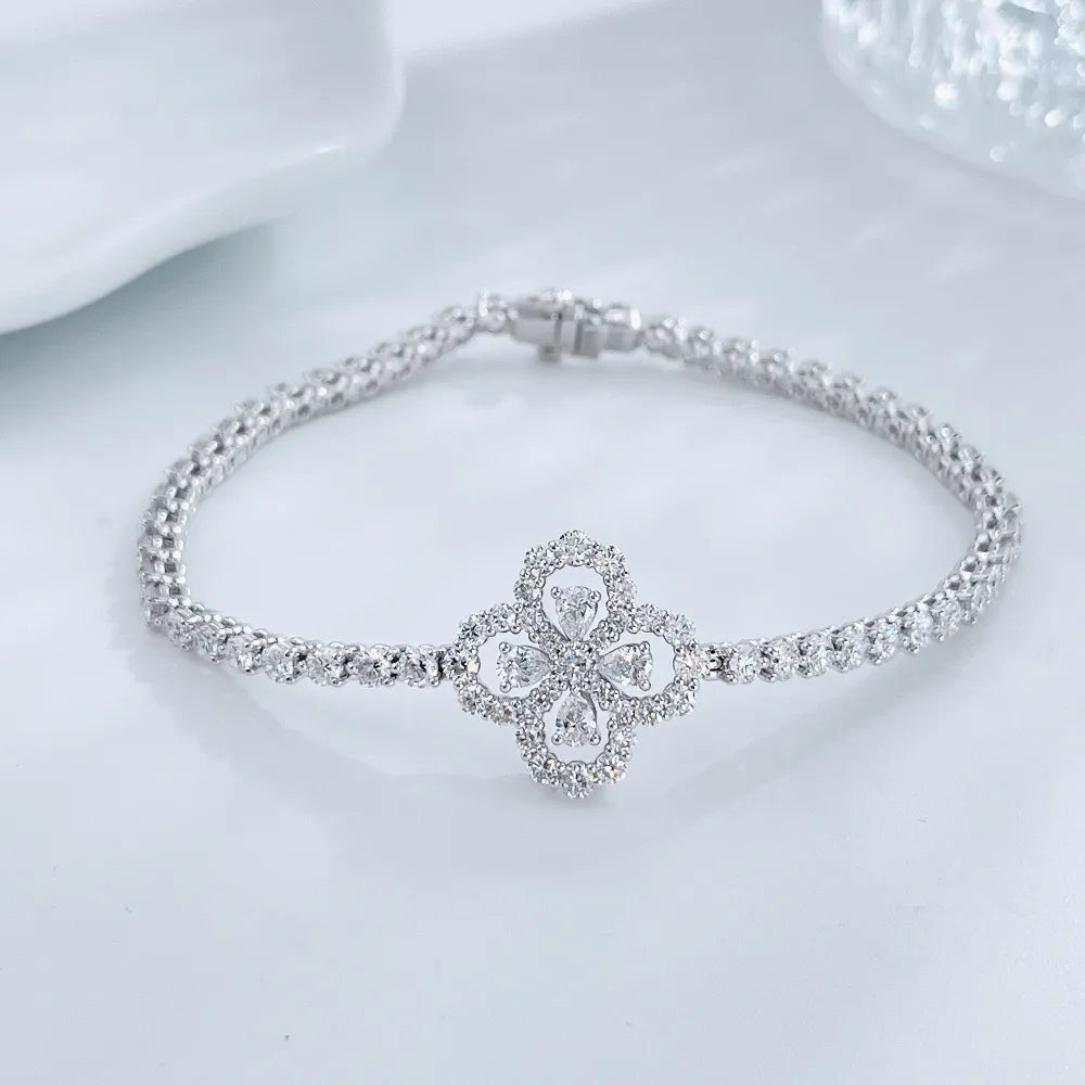 4.15 ctw Four-Leaf Clover Round-Cut Lab-Grown Diamond Bracelet in 18K White Gold