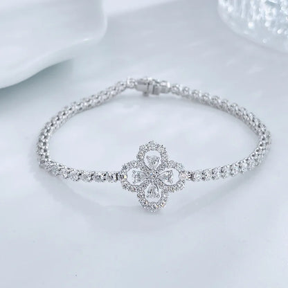 4.15 ctw Four-Leaf Clover Round-Cut Lab-Grown Diamond Bracelet in 18K White Gold