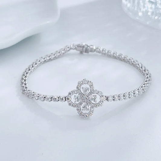 4.15 ctw Four-Leaf Clover Round-Cut Lab-Grown Diamond Bracelet in 18K White Gold
