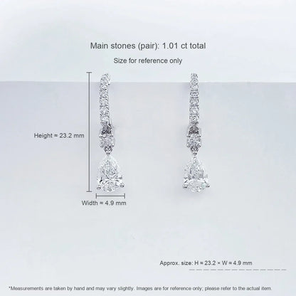 1.02 ctw Minimalist Pear-Cut Lab-Grown Diamond Drop Earrings in 18K White Gold
