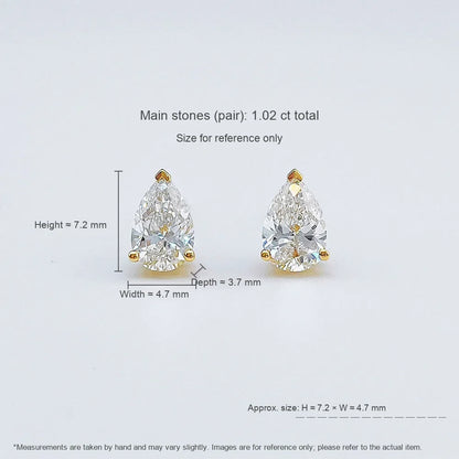 1.02 ctw Minimalist Three-Prong Pear-Cut Lab-Grown Diamond Drop Earrings in 18K Yellow Gold