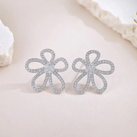 0.7 ctw Floral Pavé Round-Cut Lab-Grown Diamond Earrings in 18K White Gold