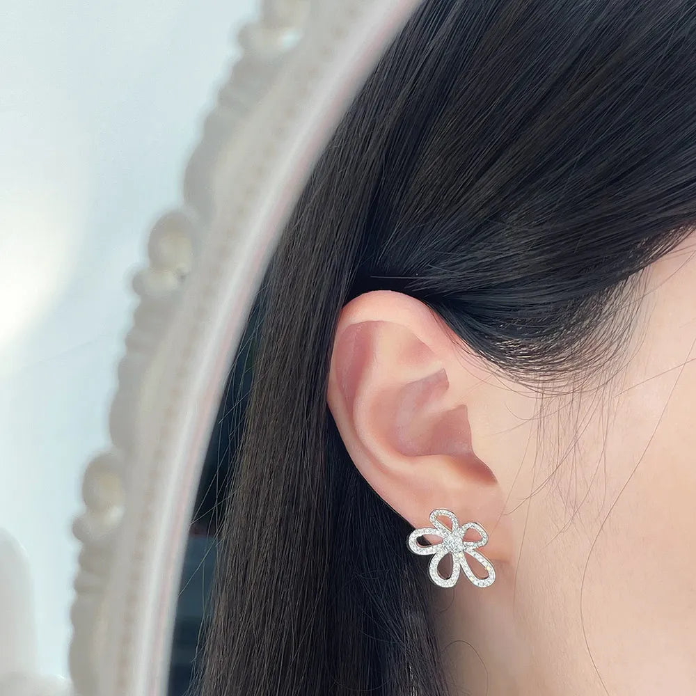 0.7 ctw Floral Pavé Round-Cut Lab-Grown Diamond Earrings in 18K White Gold