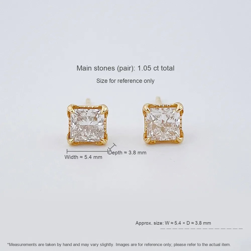 1.04 ctw Minimalist Princess-Cut Lab-Grown Diamond Stud Earrings in 18K Yellow Gold