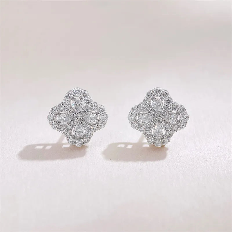 1.13 ctw Four-Leaf Clover Round-Cut Lab-Grown Diamond Earrings in 925 Sterling Silver