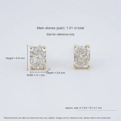 1.06 ctw Vintage Radiant-Cut Lab-Grown Diamond Stud Earrings in 18K Yellow Gold
