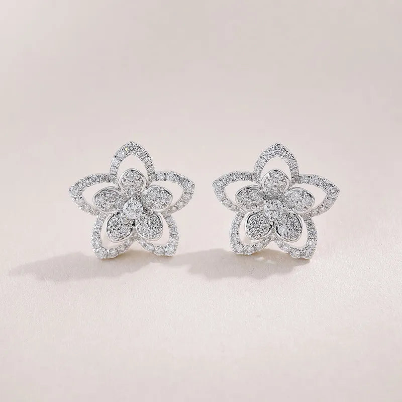 0.93 ctw Floral Pavé Round-Cut Lab-Grown Diamond Stud Earrings in 18K White Gold