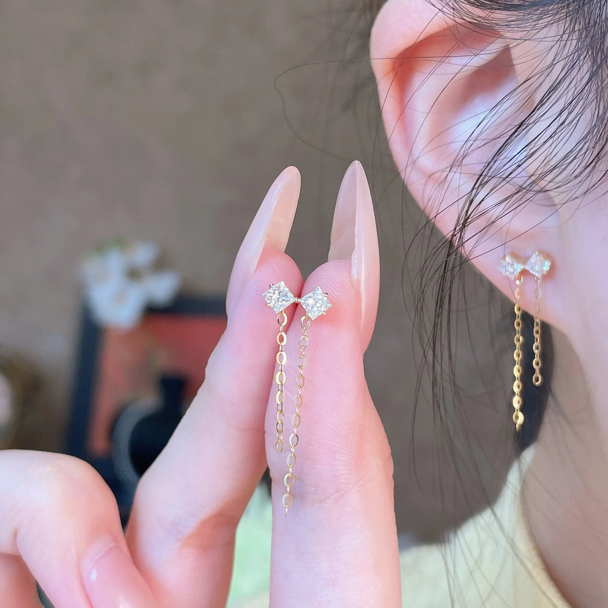0.71 ctw Bow Princess-Cut Lab-Grown Diamond Earrings in 18K Yellow Gold