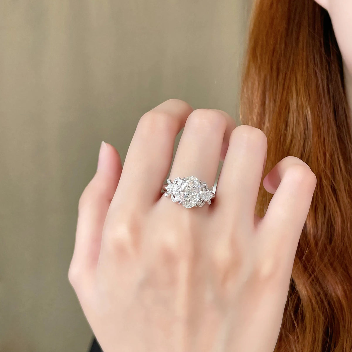3.26 ct Celestial Oval-Cut Lab-Grown Diamond Three-Stone Ring in PT950 Platinum