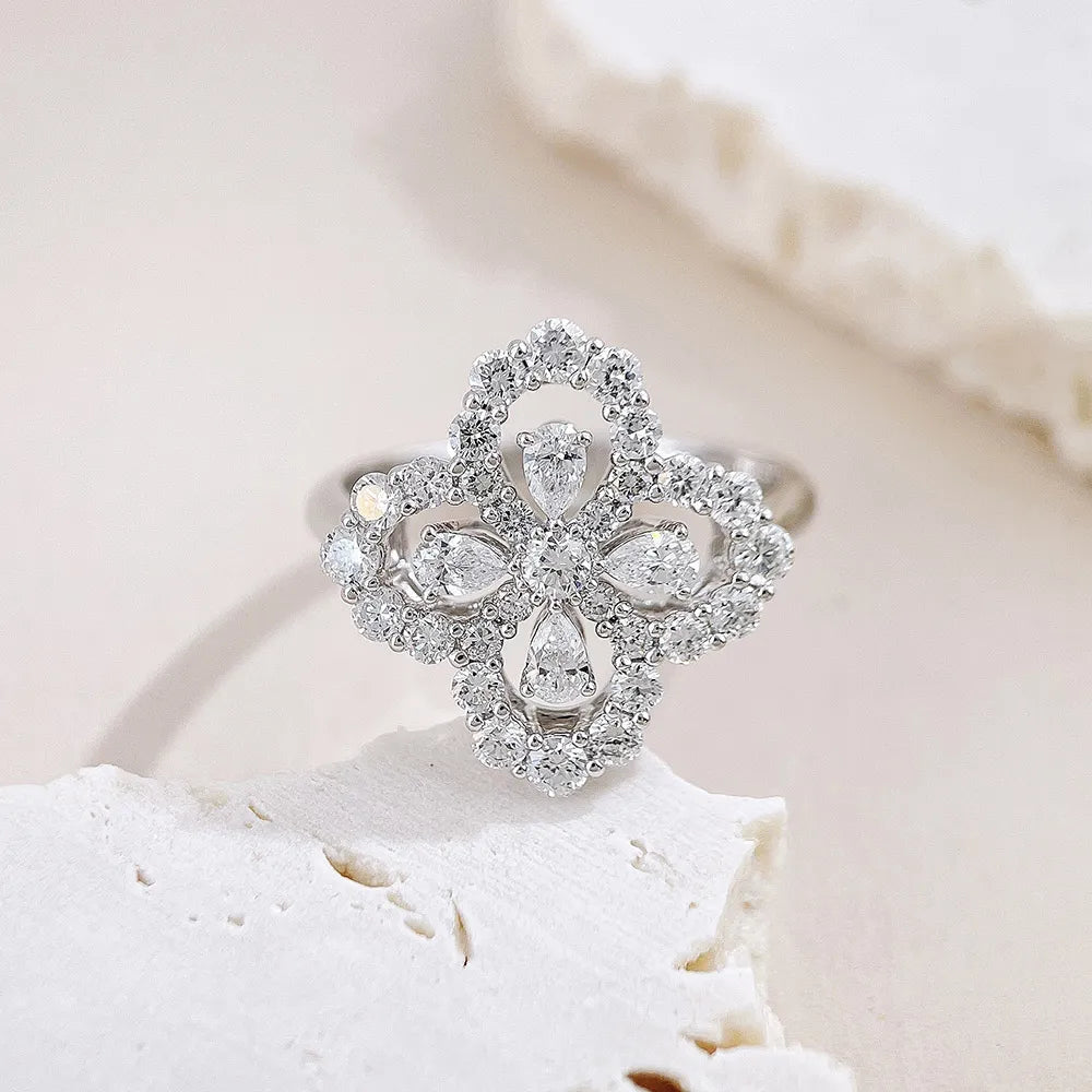 1.12 ctw Four-Leaf Clover Mixed-Cut Lab-Grown Diamond Ring in 18K White Gold