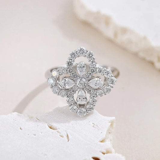 1.12 ctw Four-Leaf Clover Mixed-Cut Lab-Grown Diamond Ring in 18K White Gold