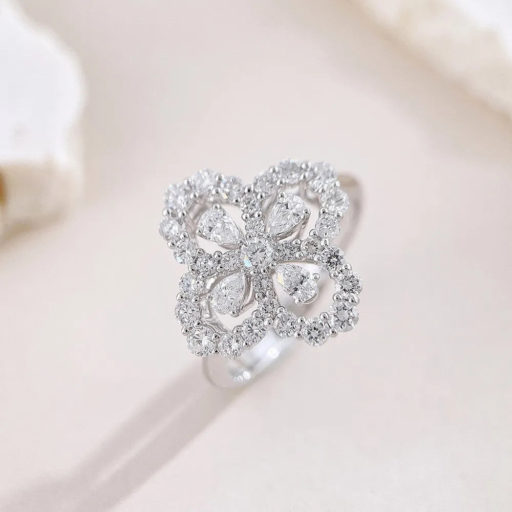 1.12 ctw Four-Leaf Clover Mixed-Cut Lab-Grown Diamond Ring in 18K White Gold