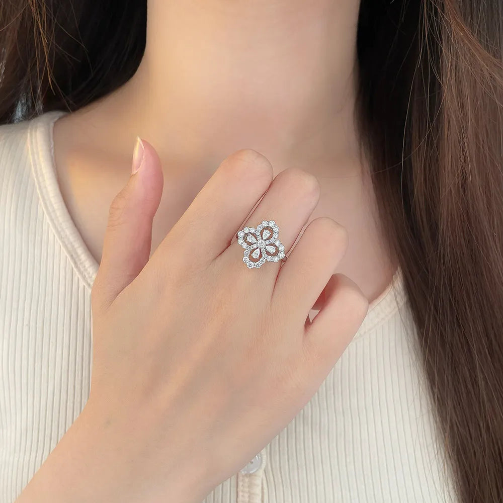 1.12 ctw Four-Leaf Clover Mixed-Cut Lab-Grown Diamond Ring in 18K White Gold