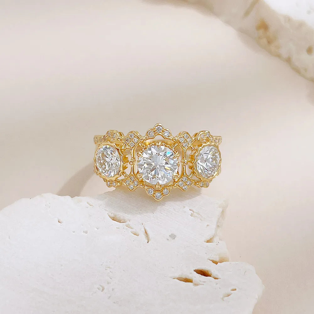 0.55 ct Vintage Round-Cut Lab-Grown Diamond Three-Stone Ring in 18K Yellow Gold