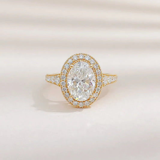 Vintage Oval-Cut Lab-Grown Diamond Halo Ring in 18K Yellow Gold