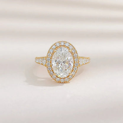 Vintage Oval-Cut Lab-Grown Diamond Halo Ring in 18K Yellow Gold