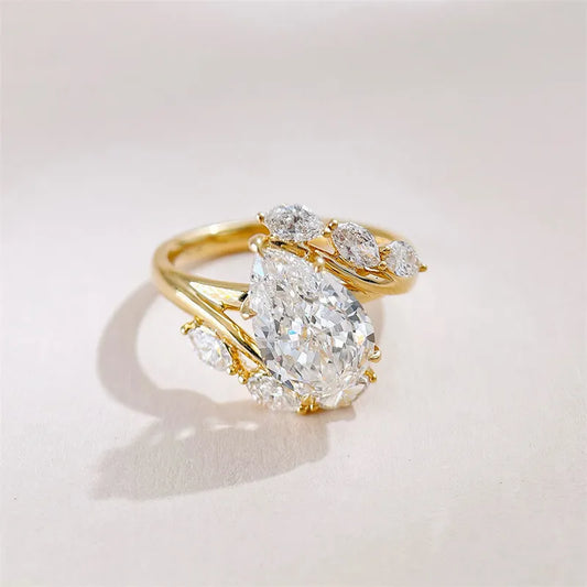 3.19 ct Botanical Pear-Cut Lab-Grown Diamond Ring in 18K Yellow Gold