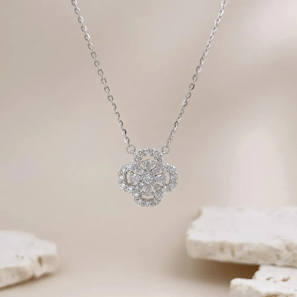 0.86 ctw Four-Leaf Clover Round-Cut Lab-Grown Diamond Necklace in 925 Sterling Silver – APYN0081-S