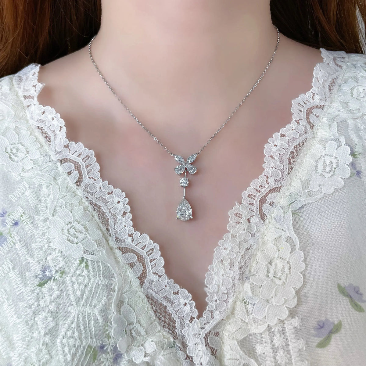 3.08 ct Butterfly Adjustable Pear-Cut Lab-Grown Diamond Necklace in PT950 Platinum