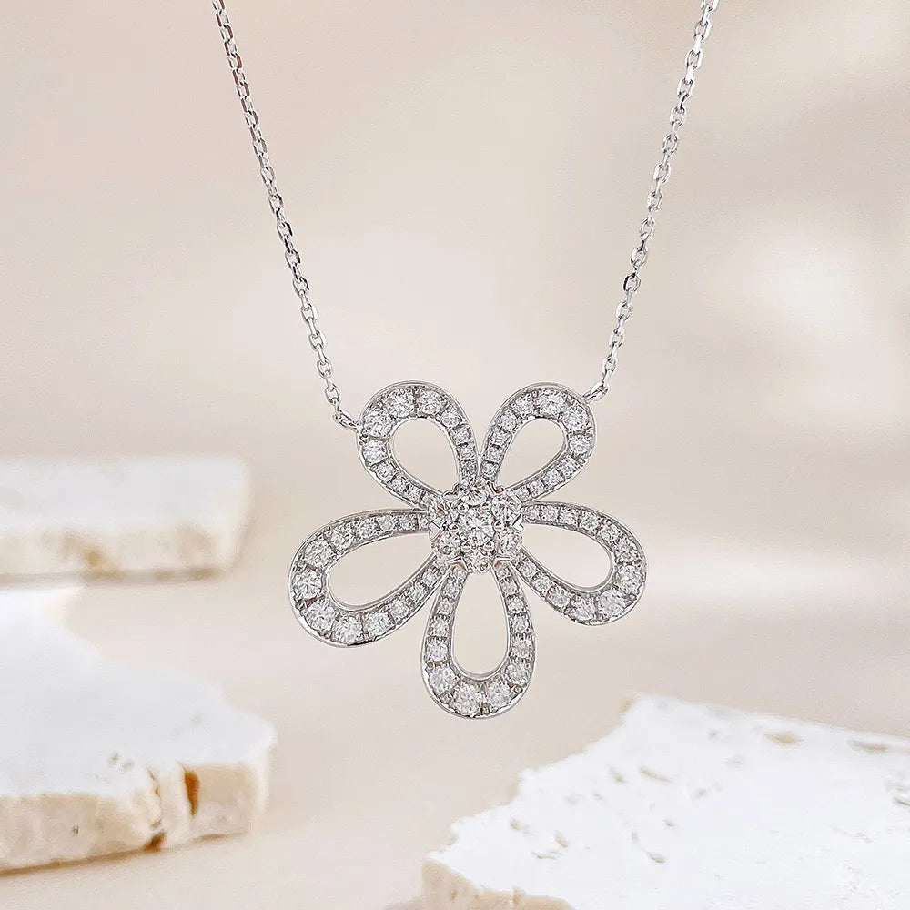 1.23 ctw Floral Pavé Round-Cut Lab-Grown Diamond Necklace in 18K White Gold – APYN0175-W