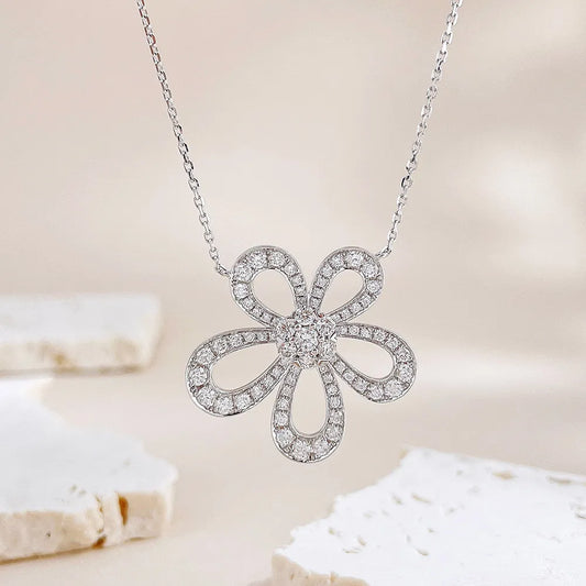 1.23 ctw Floral Pavé Round-Cut Lab-Grown Diamond Necklace in 18K White Gold – APYN0175-W