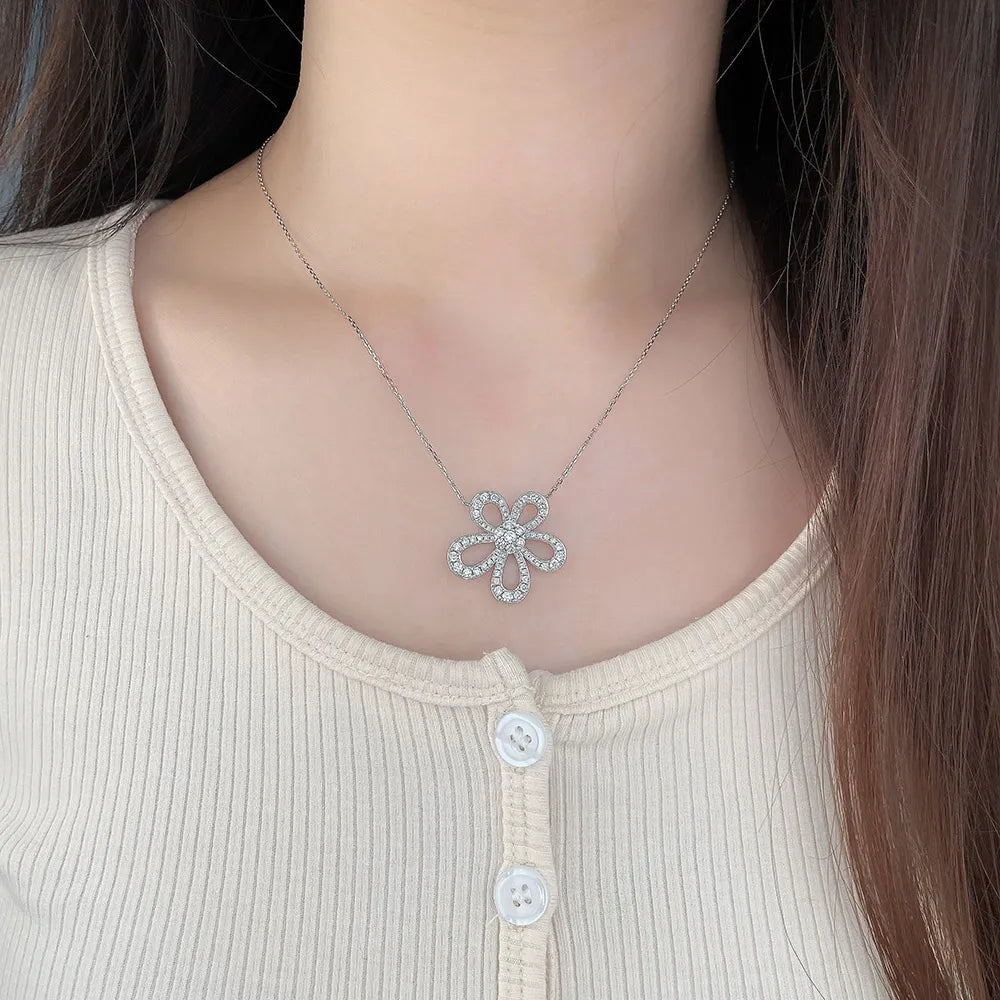 1.23 ctw Floral Pavé Round-Cut Lab-Grown Diamond Necklace in 18K White Gold – APYN0175-W