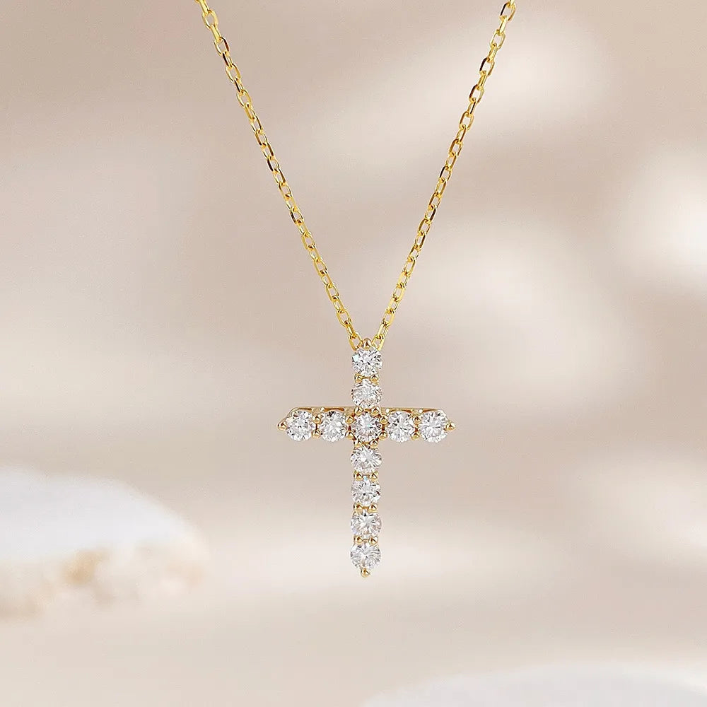 0.45 ctw Cross Adjustable Round-Cut Lab-Grown Diamond Necklace in 18K Yellow Gold