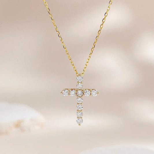 0.45 ctw Cross Adjustable Round-Cut Lab-Grown Diamond Necklace in 18K Yellow Gold