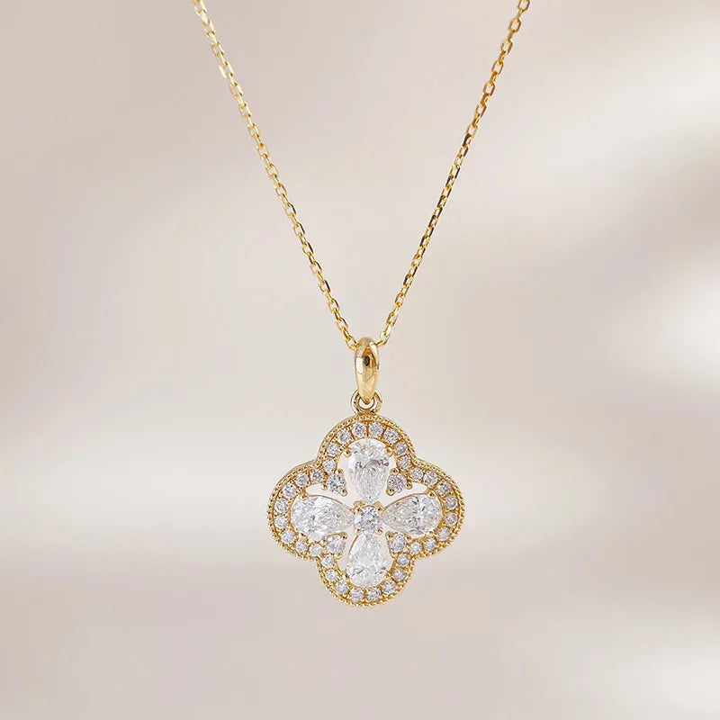 0.99 ctw Four-Leaf Clover Pavé Mixed-Cut Lab-Grown Diamond Necklace in 18K Yellow Gold