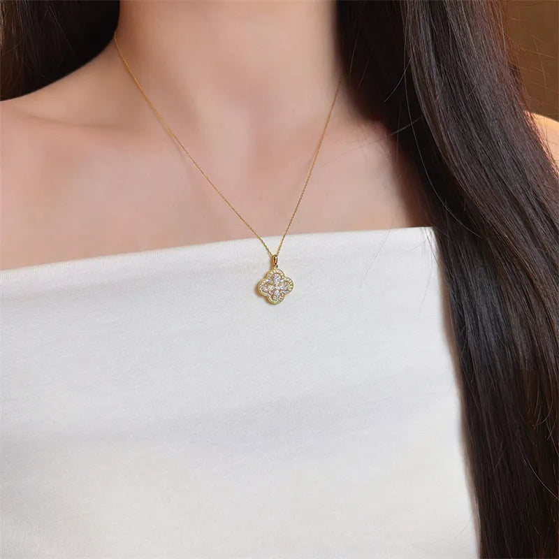 0.99 ctw Four-Leaf Clover Pavé Mixed-Cut Lab-Grown Diamond Necklace in 18K Yellow Gold