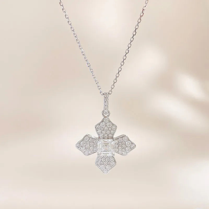 1.07 ct Four-Leaf Clover Pavé Emerald-Cut Lab-Grown Diamond Necklace in 18K White Gold