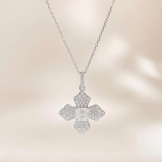 1.07 ct Four-Leaf Clover Pavé Emerald-Cut Lab-Grown Diamond Necklace in 18K White Gold