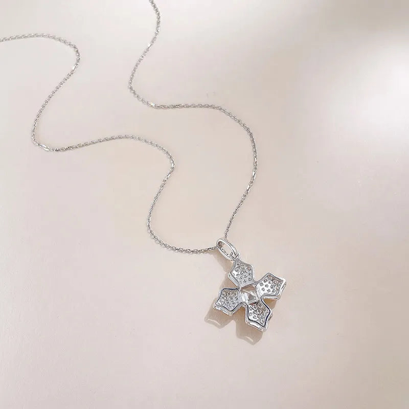 1.07 ct Four-Leaf Clover Pavé Emerald-Cut Lab-Grown Diamond Necklace in 18K White Gold