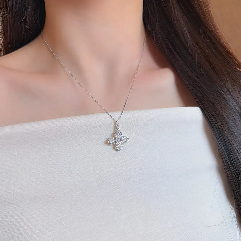 1.07 ct Four-Leaf Clover Pavé Emerald-Cut Lab-Grown Diamond Necklace in 18K White Gold