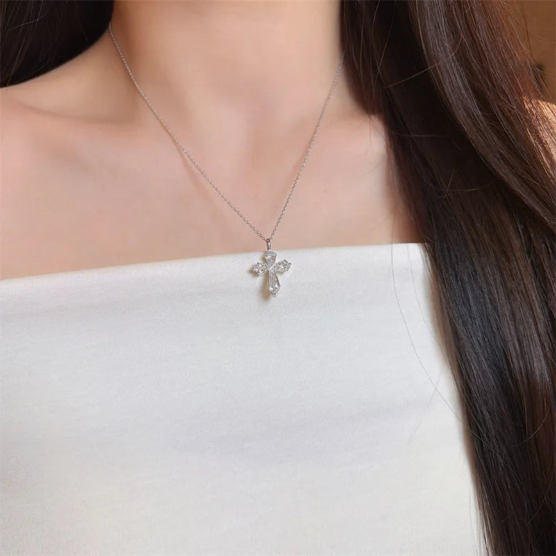 1.23 ctw Cross Adjustable Pear-Cut Lab-Grown Diamond Necklace in 18K White Gold