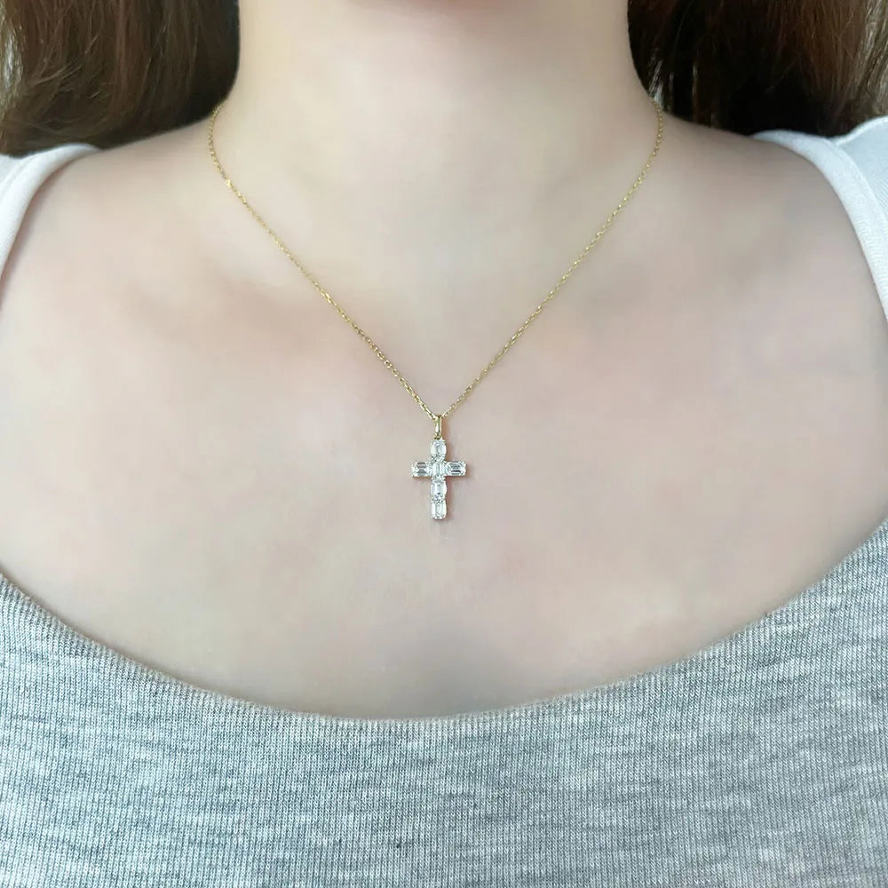 1.23 ctw Cross Emerald-Cut Lab-Grown Diamond Pendant in 18K Yellow Gold