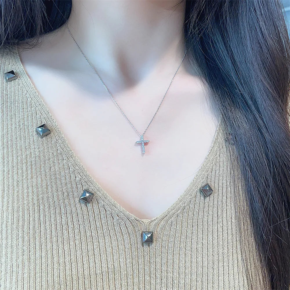 0.24 ctw Cross Round-Cut Lab-Grown Diamond Necklace in 18K White Gold