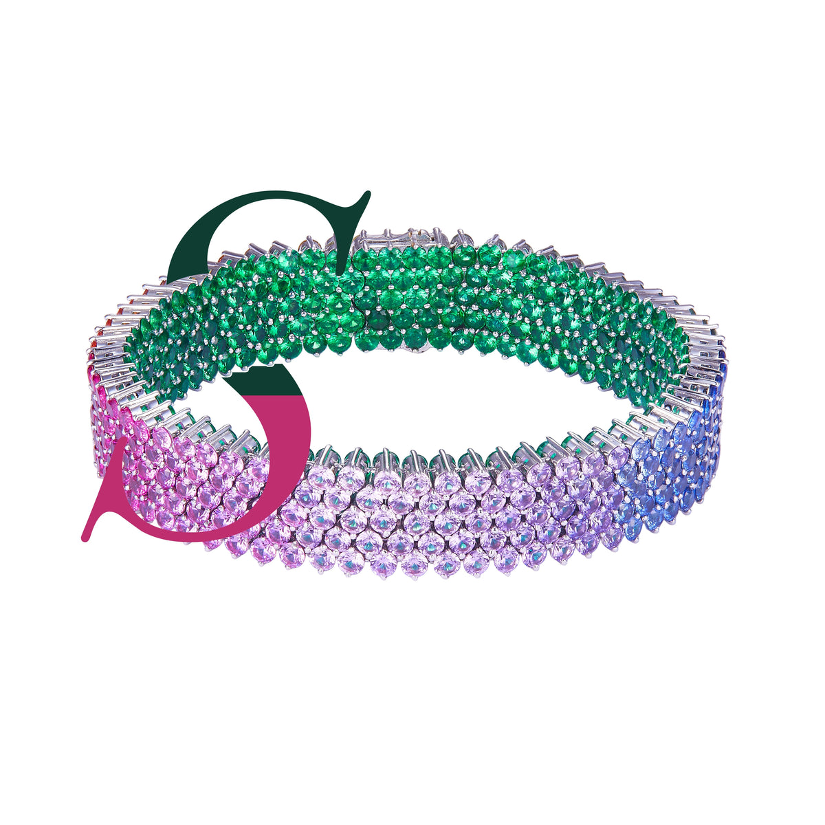 Chromatic Eden lab-grown emerald and multicolored sapphire bracelet, emerald side and rainbow side angled view