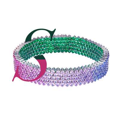 Chromatic Eden lab-grown emerald and multicolored sapphire bracelet, emerald side and rainbow side angled view