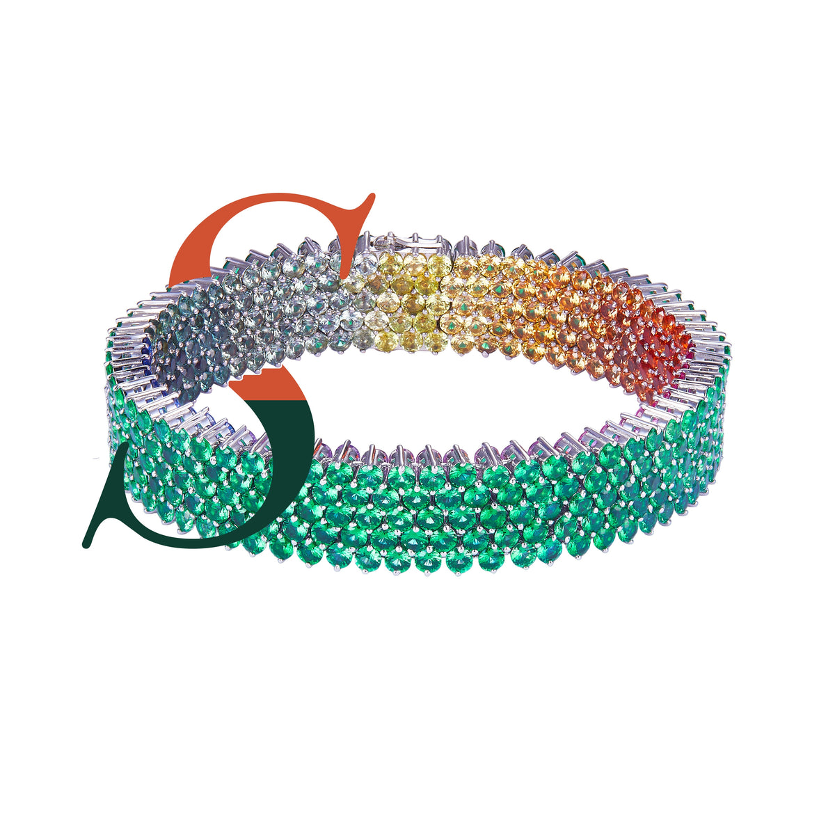Chromatic Eden multicolored sapphire and emerald bracelet, rainbow side and emerald side angled view