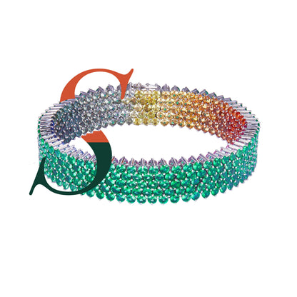 Chromatic Eden multicolored sapphire and emerald bracelet, rainbow side and emerald side angled view