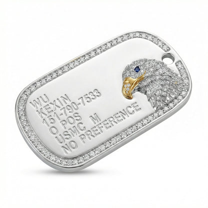 Iced Out Eagle Military ID Tag - Lab Grown Diamonds & Blue Sapphire Eye - SparkLab Gems