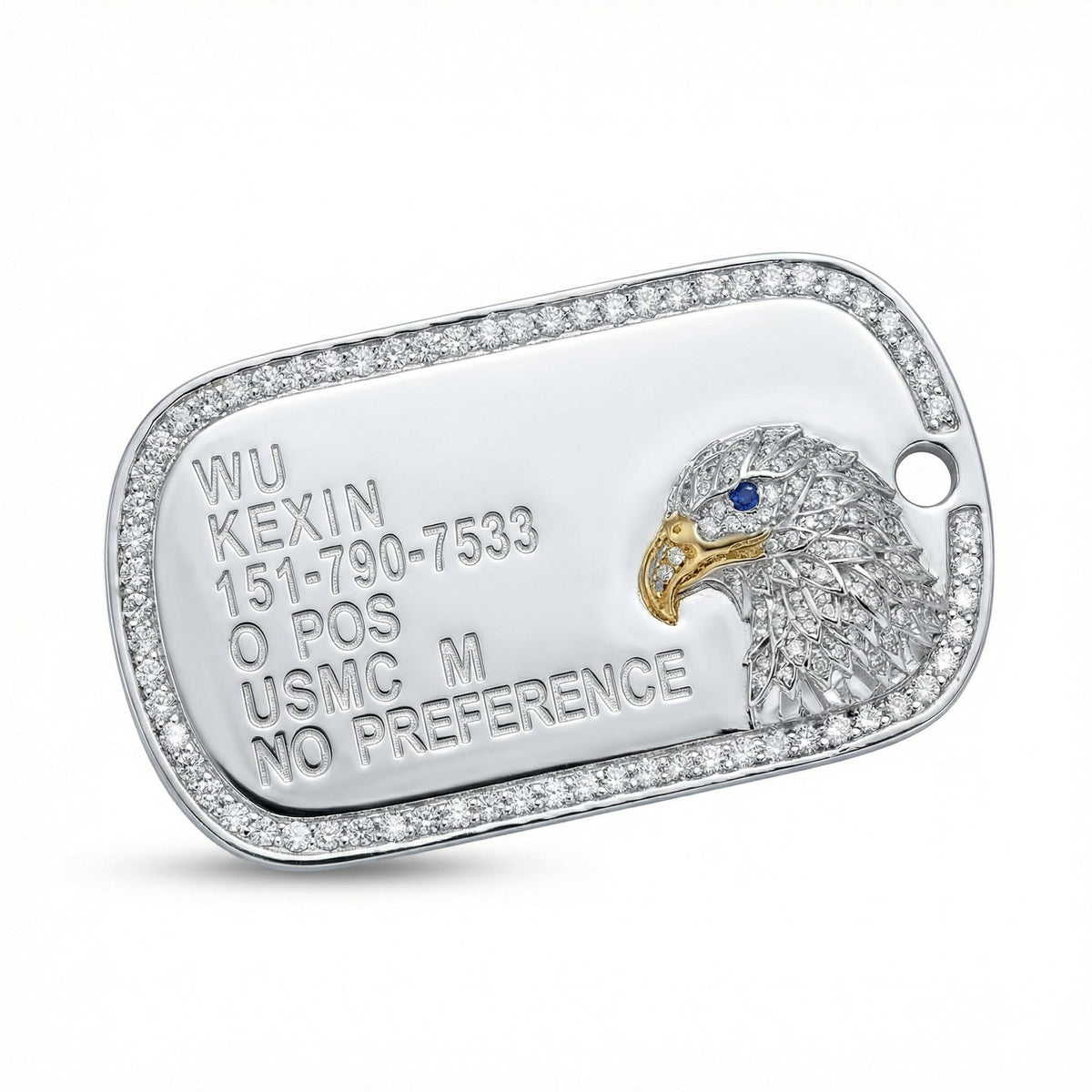 Iced Out Eagle Military ID Tag - Lab Grown Diamonds & Blue Sapphire Eye - SparkLab Gems