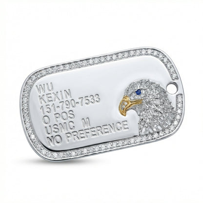 Iced Out Eagle Military ID Tag - Lab Grown Diamonds & Blue Sapphire Eye - SparkLab Gems