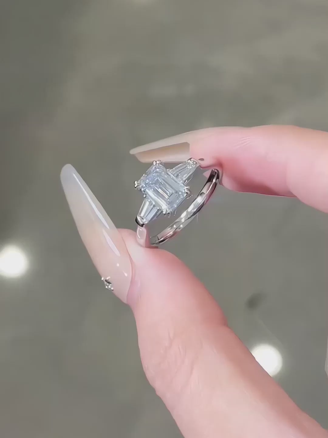 3.76 ct Four-Prong Emerald-Cut Lab-Grown Diamond Three-Stone Ring in PT950 Platinum – APYFR0216-PT video