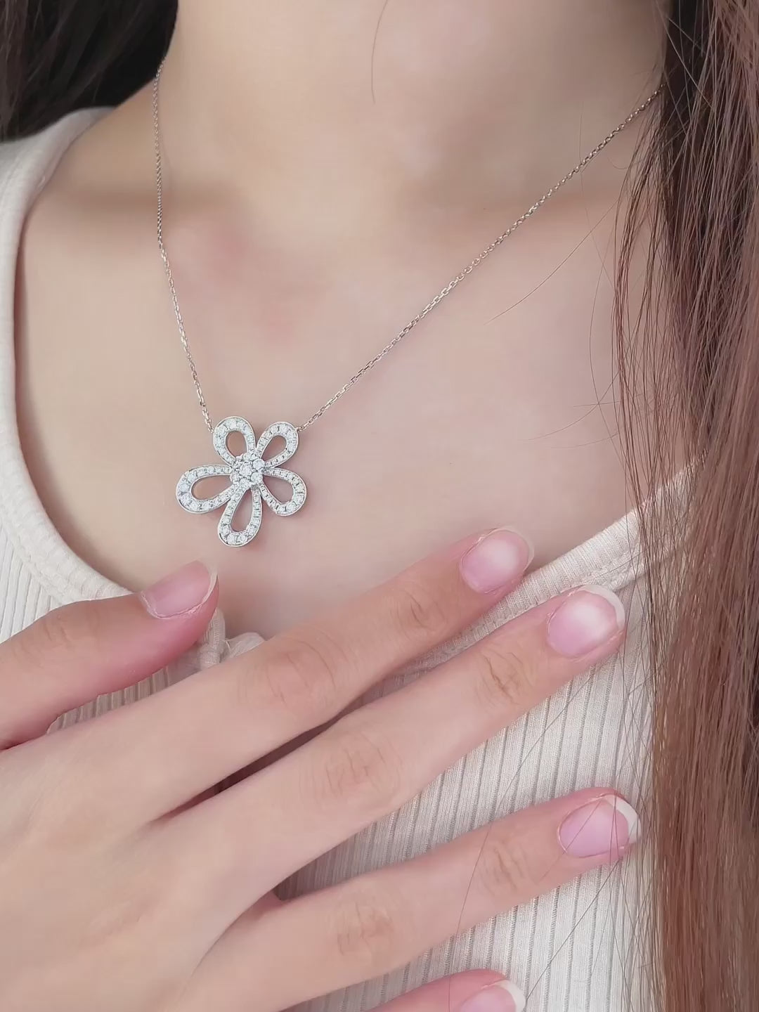 1.23 ctw Floral Pavé Round-Cut Lab-Grown Diamond Necklace in 18K White Gold – APYN0175-W video