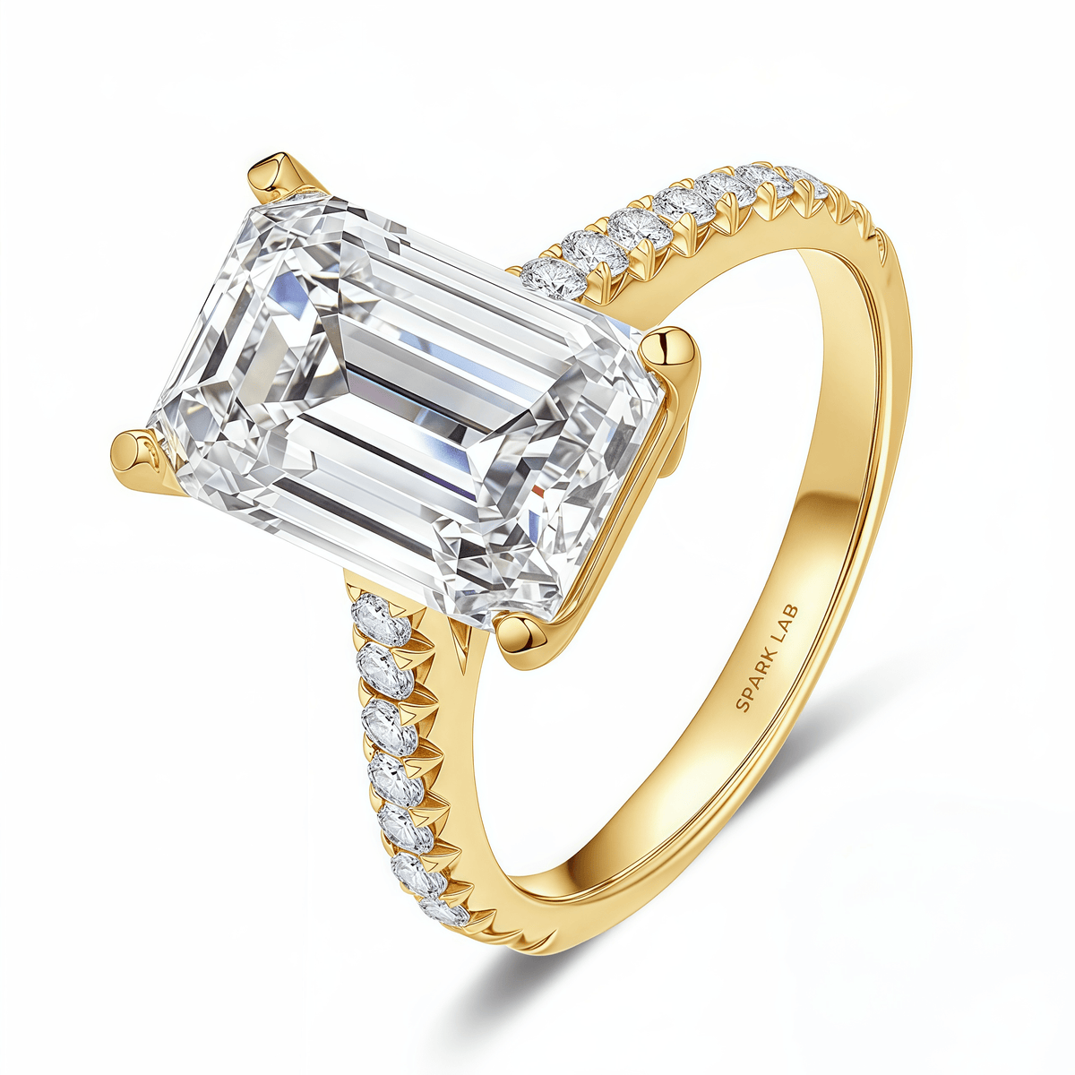 The Audrey - Emerald Cut Ring with Scalloped Pave Band - SparkLab Gems