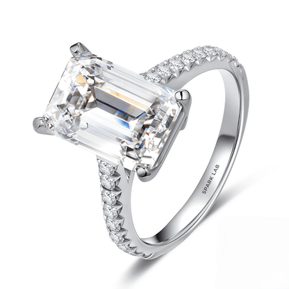 The Audrey - Emerald Cut Ring with Scalloped Pave Band - SparkLab Gems